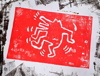 keith haring dancing dog linocut print